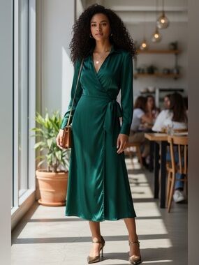 Satin Wrap Midi Dress in Emerald Green - Timeless Women's Style